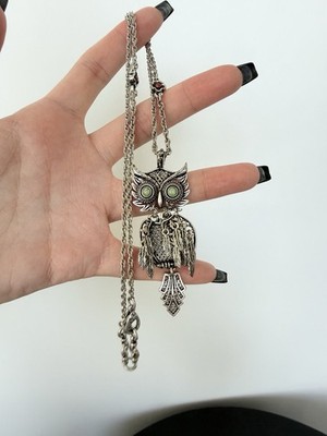 Lucky Brand Silver Tone Articulating Owl Pendant Necklace Faux Turquoise Eye 18''