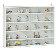 5-Tier White Display Cabinet with Glass Doors Adjustable Shelves, Wall-Mounted
