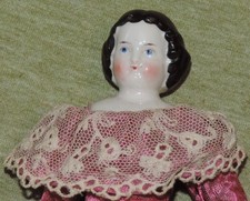 Antique 6" China Head Doll 1860's Flat Top High Brow Deep Pink Silk Lace Dress