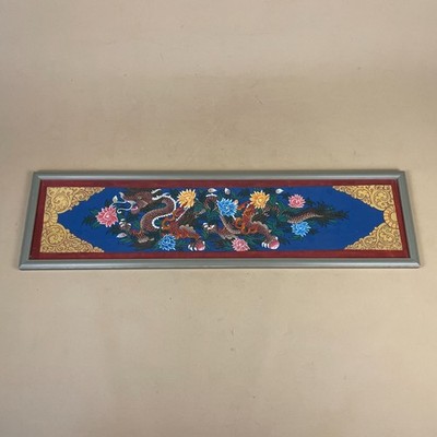Handgemaltes Drachenbild gerahmt Papier asiatisches Wandbild blaue Blumen chinesisch