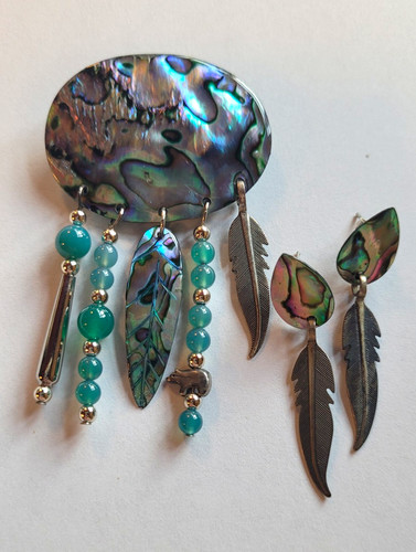 Vintage Abalone Shell Brooch and Earrings Green Beads Feather and Bear Dangles