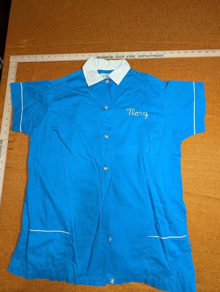 ВИНТАЖНАЯ женская рубашка для боулинга Hilton рокабилли синий соленый перец размер 36 - Изображение 2 из 4