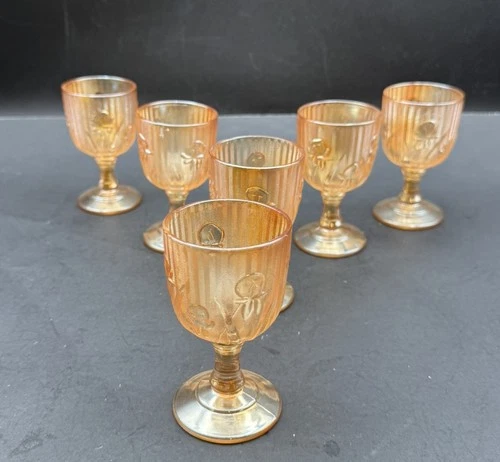 6 Vintage Jeannette Iris & Herringbone  Marigold Carnival Cordial Glasses 4”