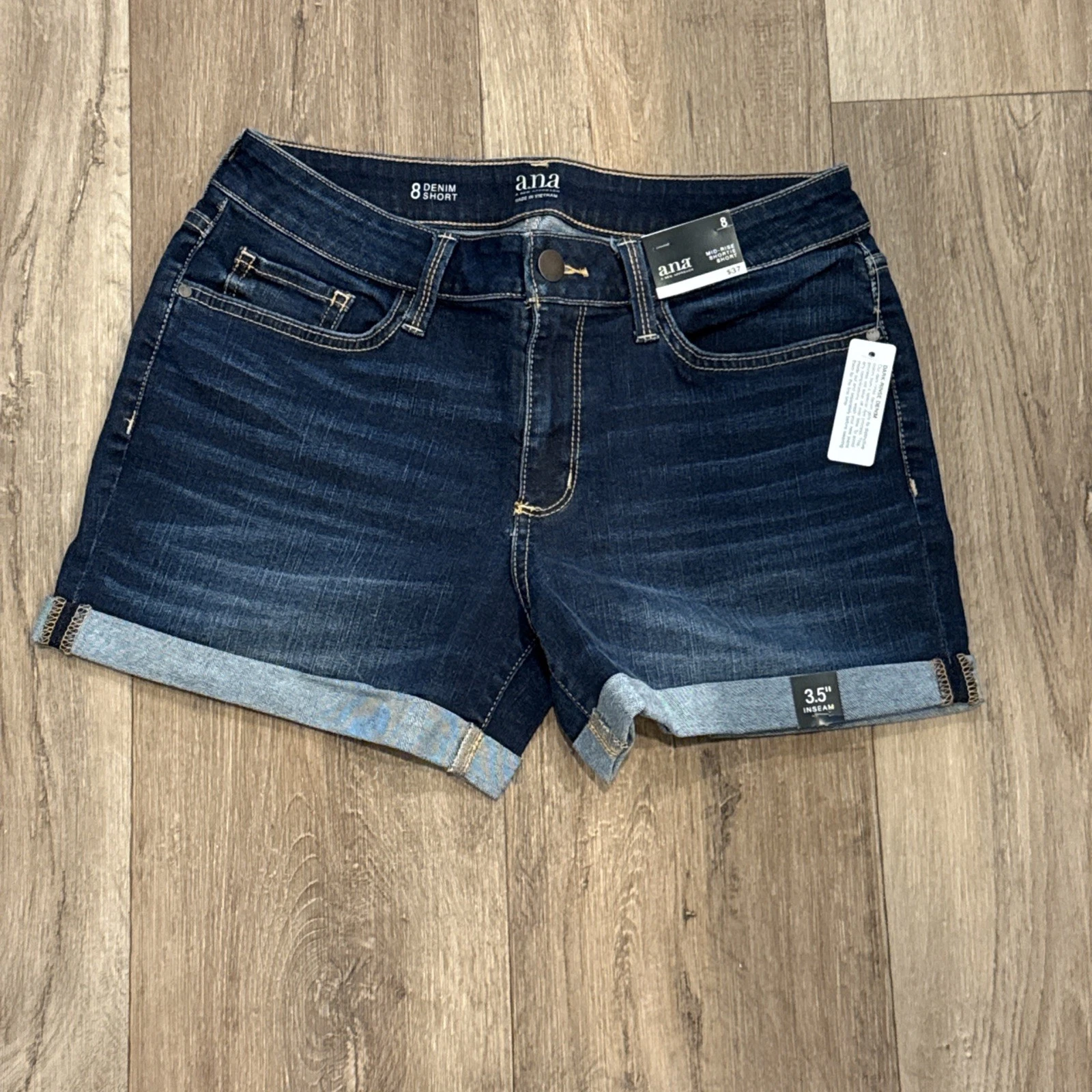 Size 8 Denim Shorts. Ladies, NWT. Mid Rise Shorts, Dark. Stretch, pockets