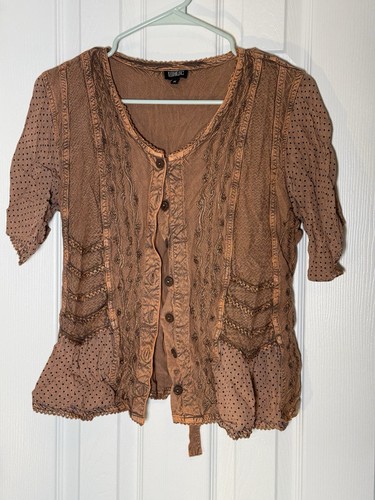 90er Cottagecore braun Knopfleiste Bauern Top Tie Back Kurzarm Boho M - Bild 1 von 14