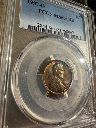 1957-D Lincoln Wheat Cent MS66+RB PCGS Multicolored Toning Pop 12 Only 11 Higher