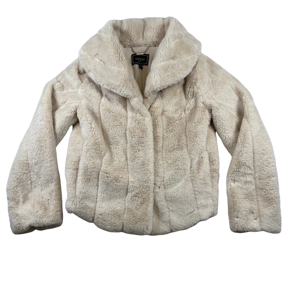 Chaqueta de piel sintética GUESS Sophy para mujer XS beige crema felpa abrigo de invierno suave polietileno Foto 3 de 4