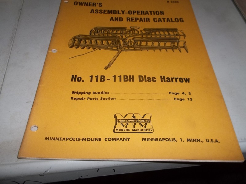 Minneapolis- Moline "11B-11BH" Disc Harrow Owners Assy.-Operation and Repair Cat