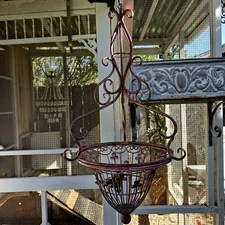 Metal Wrought Iron Hanging Flower Planter Basket with Antique Rust Patina