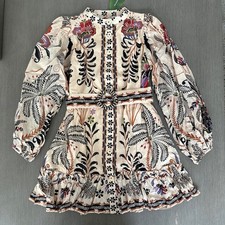 Farm Rio Classic Nature Sand Mini Dress Sz S Long Sleeve Belted NWT $248