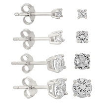 Sterling Silver Rhodium Plated Push Stud Earrings with Round Cubic Zirconia