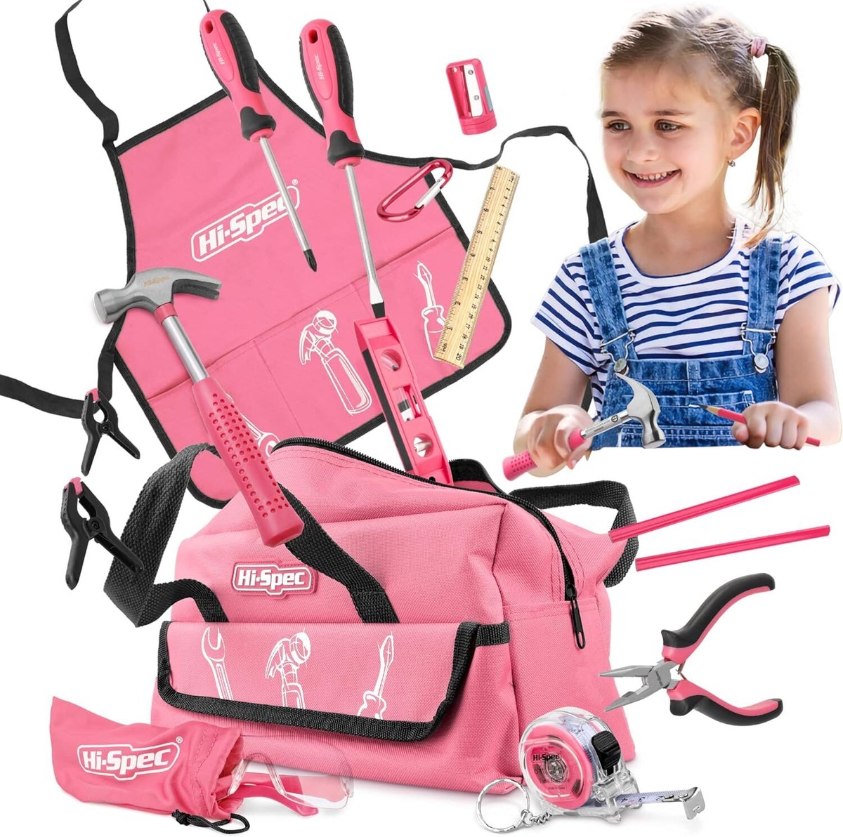 Hi-Spec 18 Piece Kids Pink Tool Kit Set inc Tool Bag Real Metal DIY Kit  Pin