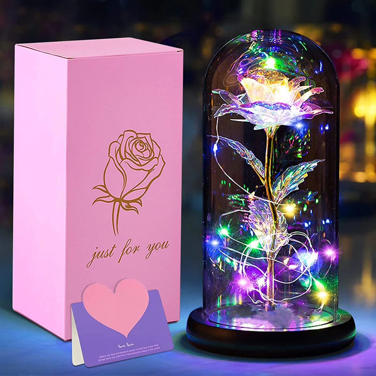 Rose in glass dome with lights deals