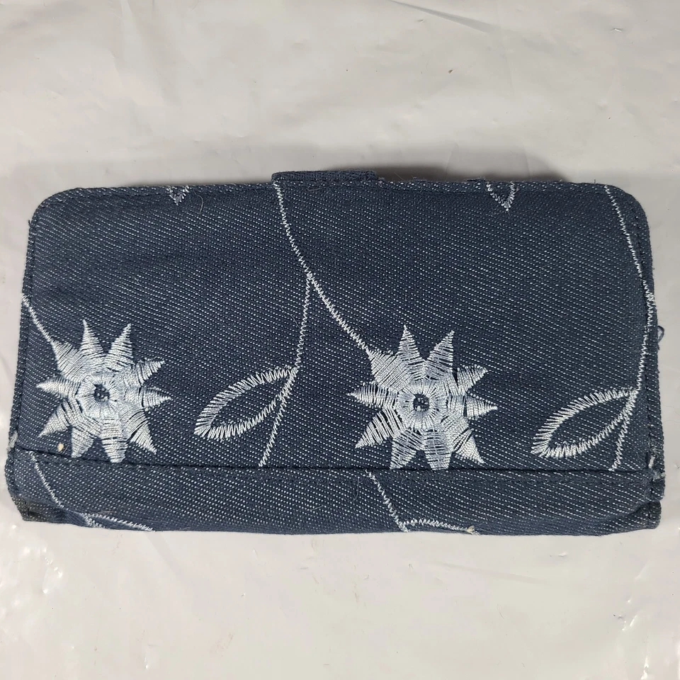 Bolso de mano con doble asa y billetera de mezclilla ranuras para tarjetas florales correa ligeramente desgastada Foto 4 de 4