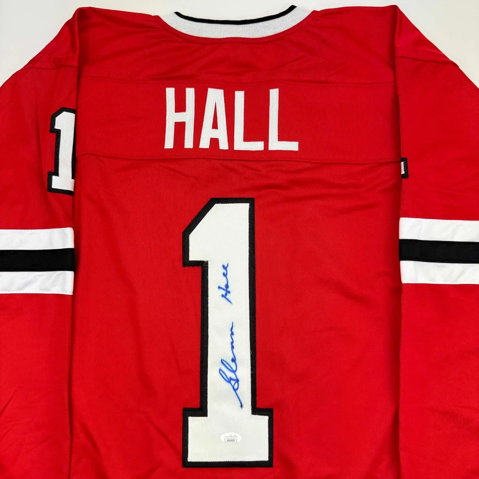 Camiseta deportiva de hockey roja autografiada/firmada de Glenn Hall Chicago certificado de autenticidad JSA Foto 2 de 4