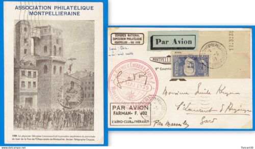 CARD BY AIR - FIRST AIR MAIL MONTPELLIER-MARSEILLE 30 MAY 1939 - Picture 1 of 3