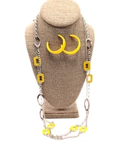 Yellow and Silver Tone 32" Station Necklace with Acrylic Yellow Hoop Earrings