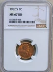 1952 S Lincoln cent graded by NGC MS 67 RED