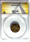 1931 S 1c Lincoln One Cent Wheat Cent ANACS MS63 BN