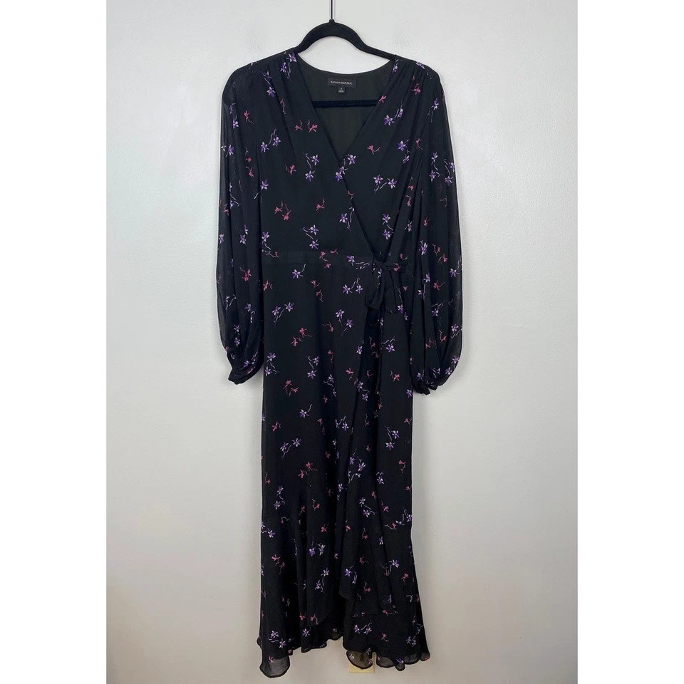 Banana Republic Long Sleeve V-neck Wrap Dress Black Floral Wedding Guest Size 4 - Image 3 of 4