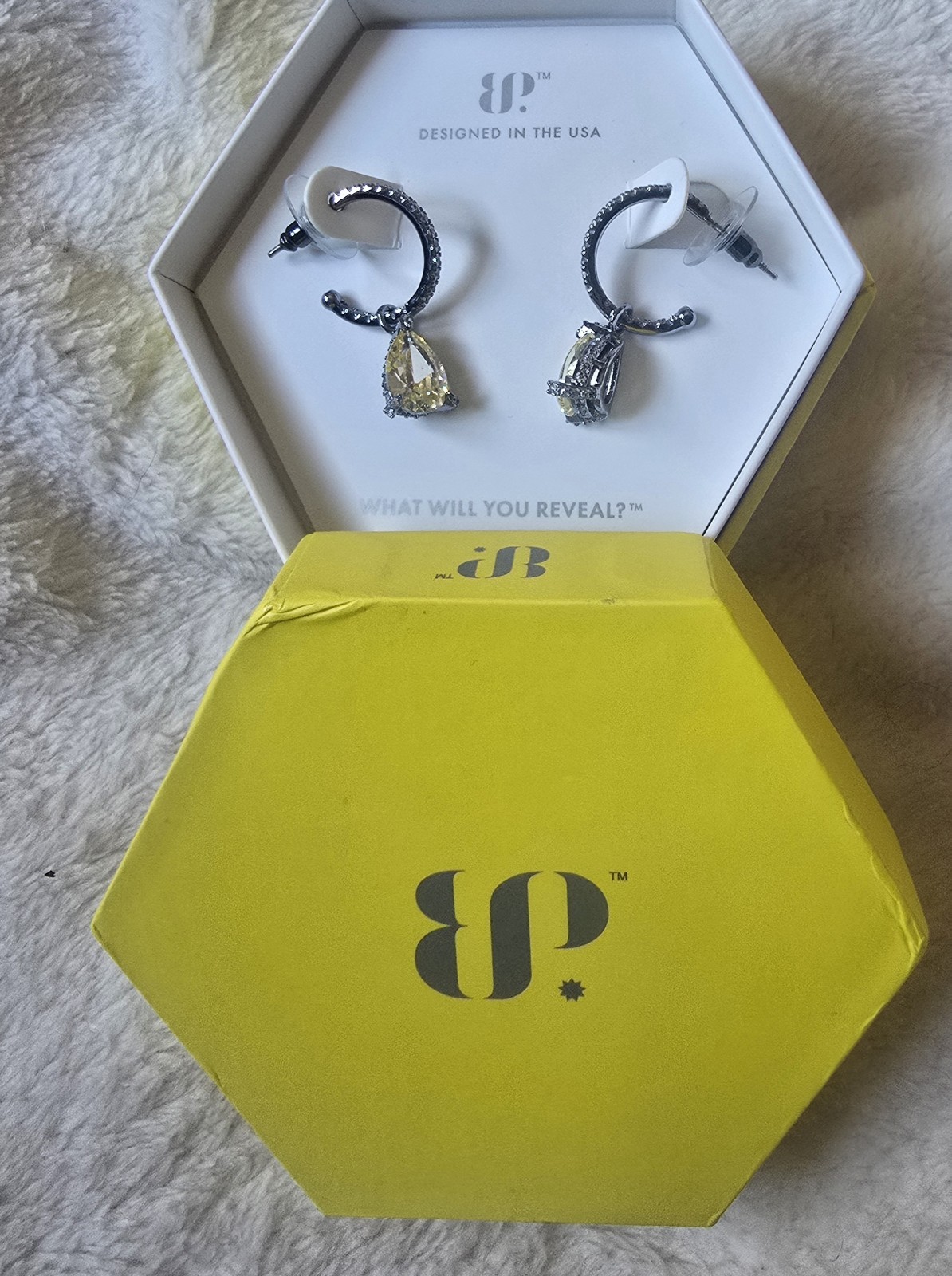BP Lemon Cubic Zirconia Pear Dangle Earrings Yellow Hematite Plating