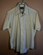 Vintage Mens Sz M Short Sleeve Button Dagger Collar 70s Light Green 16-78