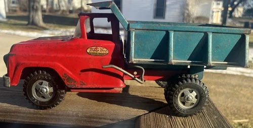 Vintage 1959 Tonka Red Blue Pressed Steel Toy Dump Truck Dual Rear Wheels