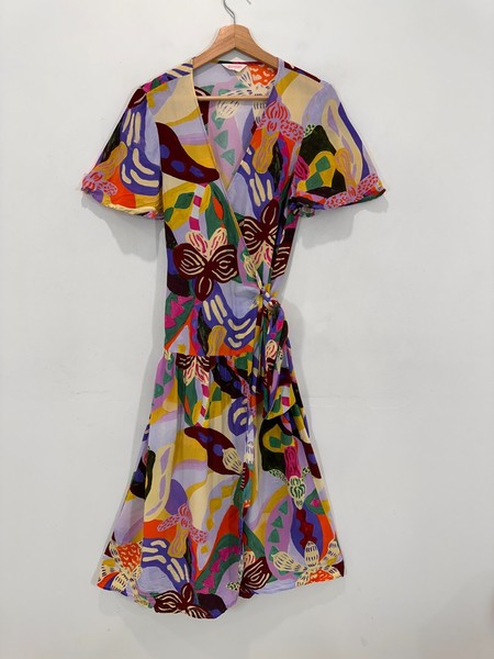 Gorman Midi Wrap Dress AU 6 Multicoloured Floral Viscose/Silk Blend V-Neck