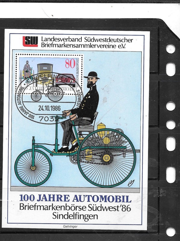 GERMANY GERMAN SC#1453a CTO USED OLD 1986 BENZ TRICYCLE & CAR SOOUVENIR SHEET  