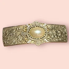 Vtg French Barrette Women Gold Hair Clip Ornate Faux Pearl Made in France Dainty