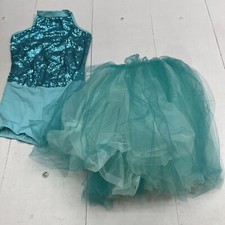 Dansco Blue Sequin Dance Leotard And Tutu Skirt Youth Girls Size XL