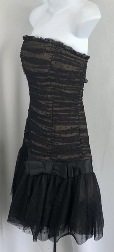 Vtg Betsey Johnson Dress 6 Blk Polkadot mesh silk strapless Tiered Ruffle Lace - Picture 2 of 7