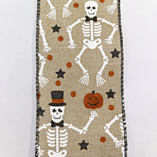 Halloween Skeleton Orange Glitter Pumpkins on Canvas Wired Ribbon 2.5"x5 Yds New - Picture 4 of 5