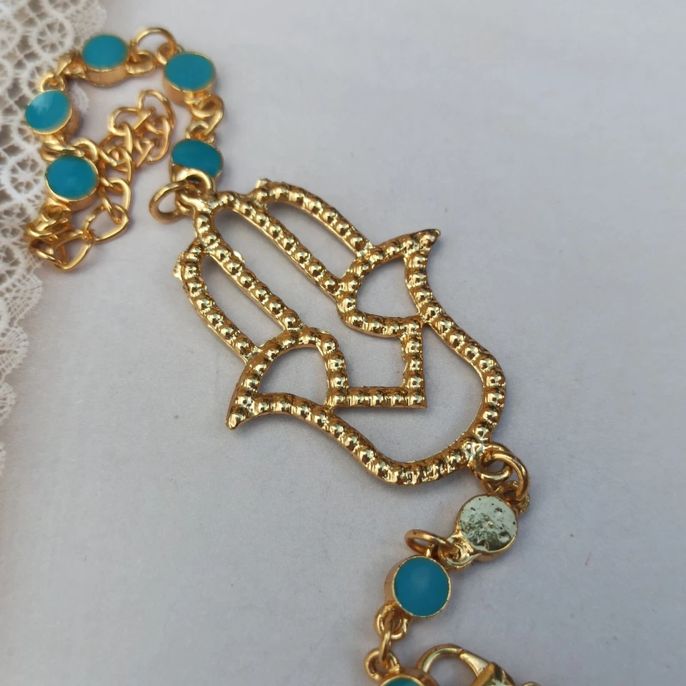 Hamsa Bracelet Turquoise Rhinestone Gold Tone Hand of Fatima Amulet Statement - Image 4 of 4