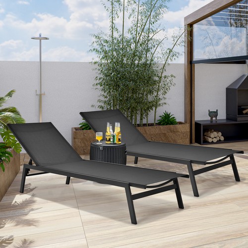 Costway 2 PCS Patio Lounge Chair Chaise Recliner Back Adjustable Garden Black - Picture 3 of 10