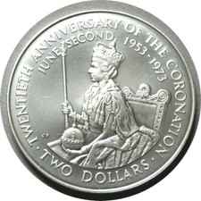 elf Cook Islands 2 Dollars 1973 Queen 20th Anniv of Coronation Silver 