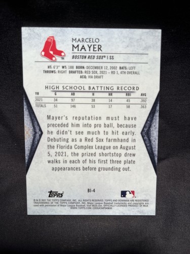 2021 Bowman Draft Marcelo Mayer Invicta Boston Red Sox - 第 3/4 張圖片