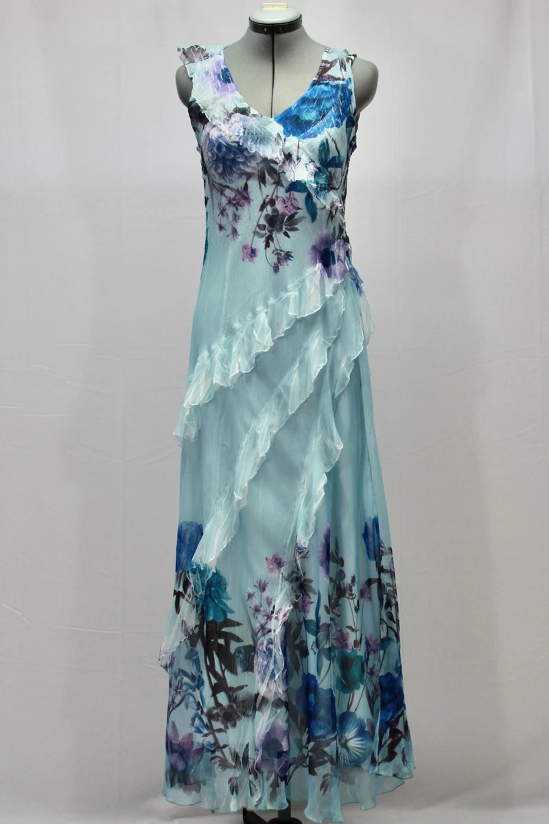 Komarov Blue Ruffle Tiered Chiffon with Shawl Maxi Dress Size M eBay