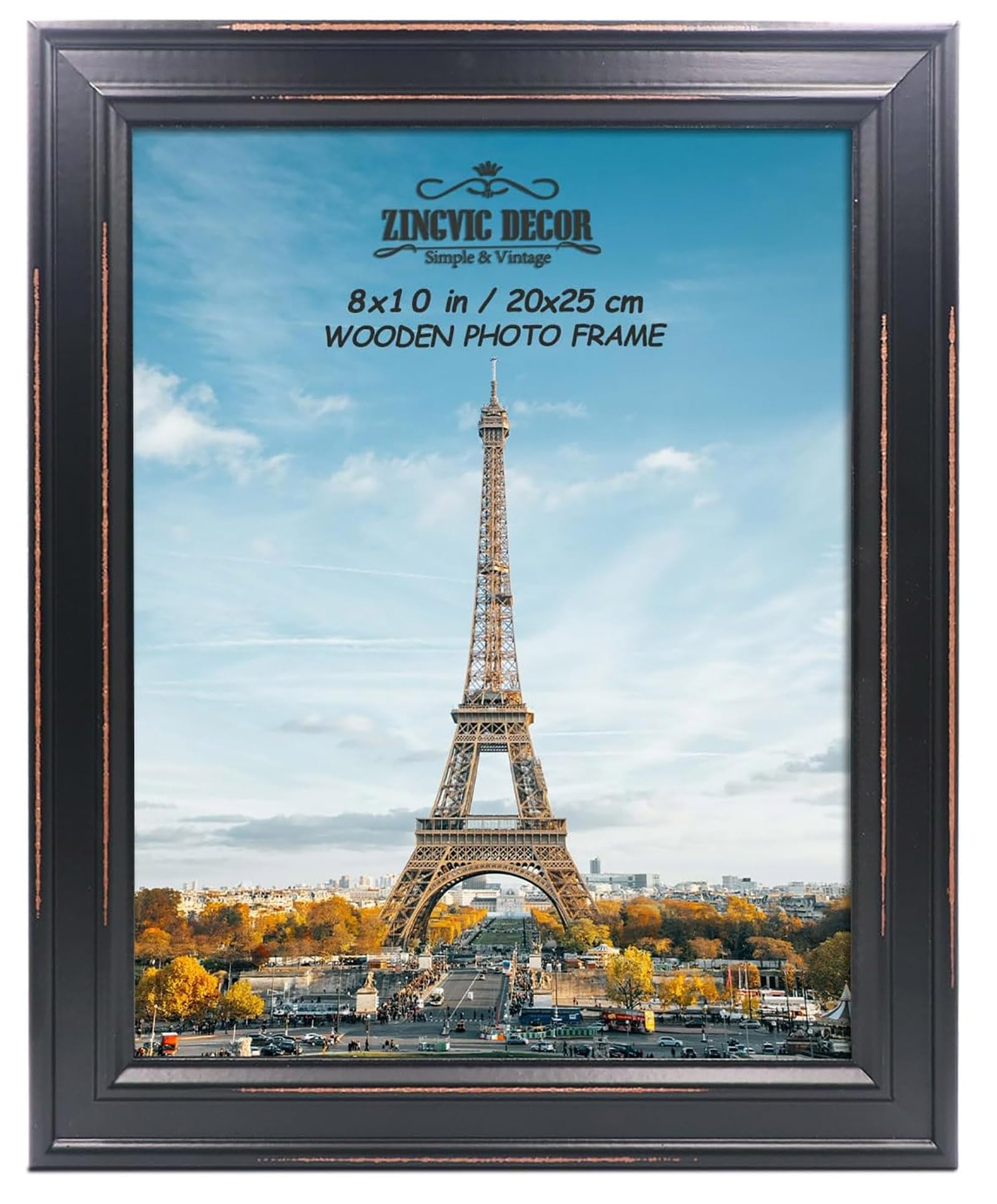 8x10 Picture Frame, Black, Wood, Witeh Real Glass Front, Distressed Style Fra...