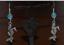 Blue Beach Sea Glass Sea Horse Seahorse Mermaid Earrings w sterling hooks