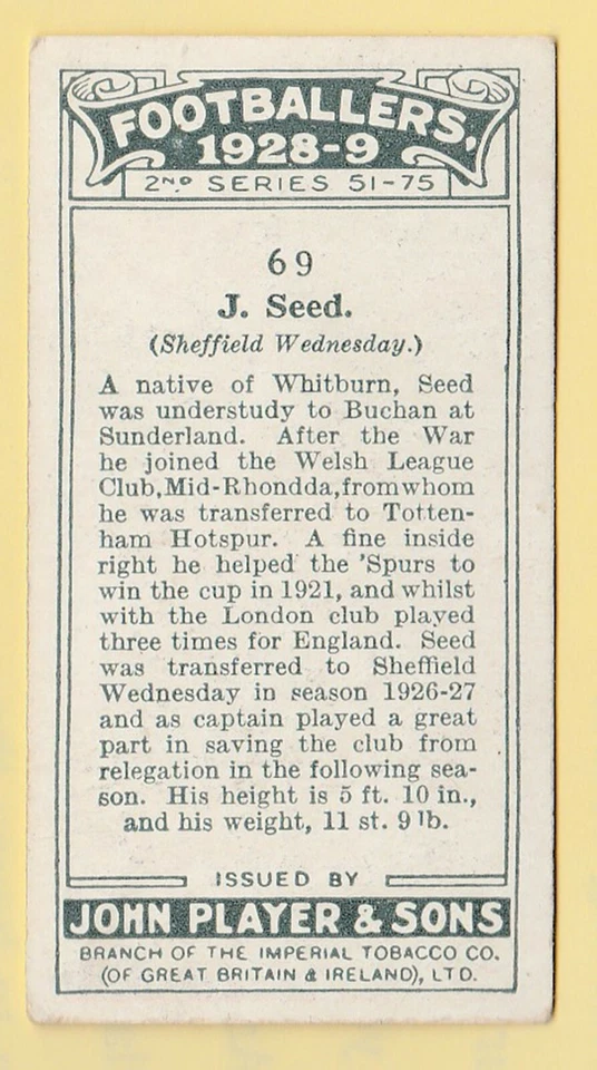 Football John Players Association Footballers 1928-29 #69 Seed Sheff Wednesday - Image 2 of 2