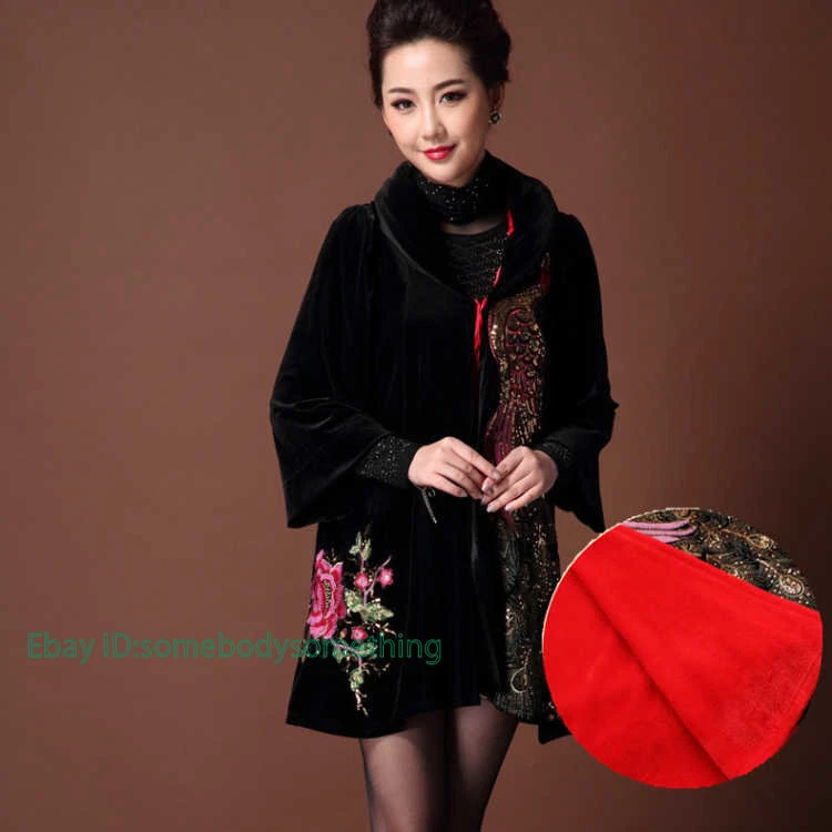 Mujeres Terciopelo Largo Lentejuelas Bordado Estilo Chino Gabardina Parka Chaqueta Retro Foto 3 de 4