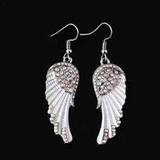 Divine Angel Wings Silver Dangle Earrings, Stylish Crystal Sparkle