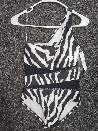 Carmen Marc Valvo Sz 8 Black & White Women's Swimsuit One Shoulder Mesh NWT - Picture 2 of 8