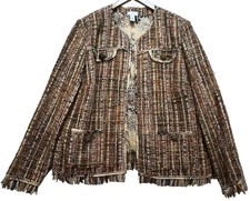 Chicos Womens Open Front Tweed Jacket Long Sleeve Fringed Hem Size 2 M Brown