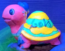 Vtg MCM Day Glo Holiday Fair Pink Turtle Bank Flower Power LOVE w/ Label & Plug