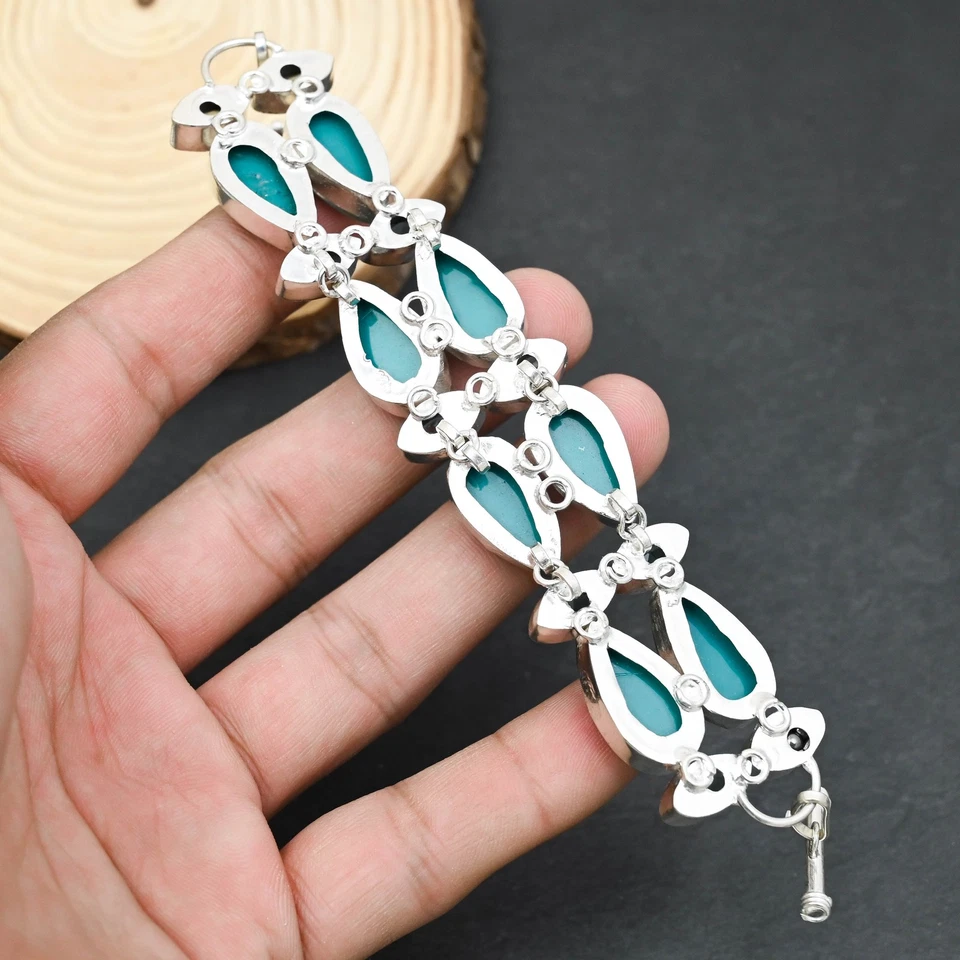 Bracciale gioiello in argento sterling 925 con topazio blu opale tripletta ve... - Immagine 3 di 4