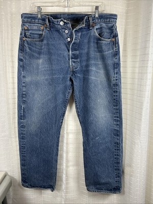Levis 501 Original Jeans Button Fly Denim Mens 38 x 30 Distressed & Great Fade