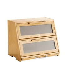 Double Layer Bread Box for Kitchen Counter Bamboo Storage Container Natural