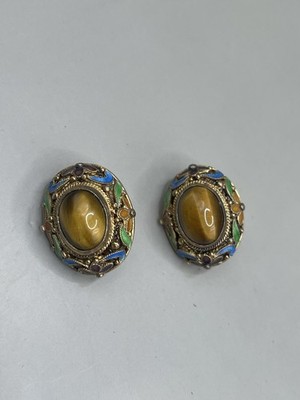 Vintage Vermeil Sterling Silver 925 Filigree Tiger's Eye Enamel Clip On Earrings